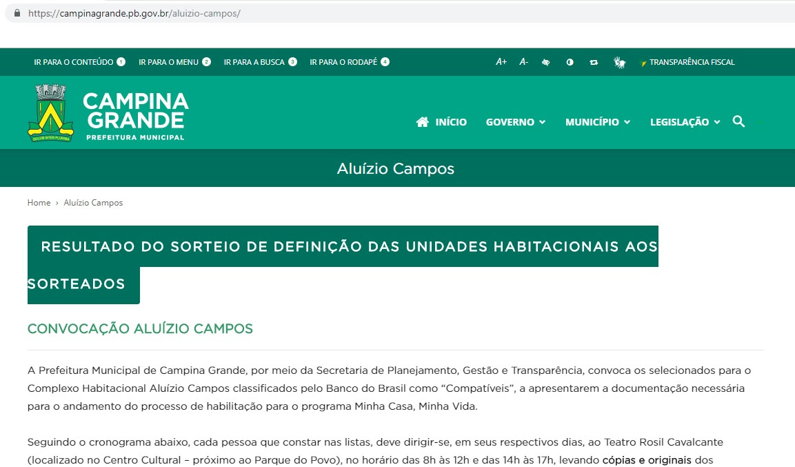 Site oficial da Prefeitura de Campina Grande publica resultado do sorteio dos imóveis entre os futuros mutuários do Conjunto Aluízio Campos