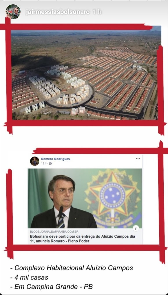 Bolsonaro usa redes sociais para destacar notícia dada por Romero sobre sua vinda a Campina Grande, no próximo dia 11