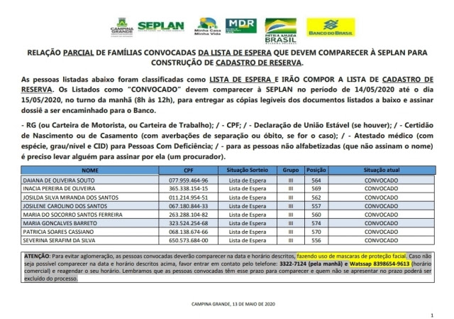 Secretaria de Planejamento de Campina Grande convoca oito famílias do cadastro de reserva do Aluízio Campos
