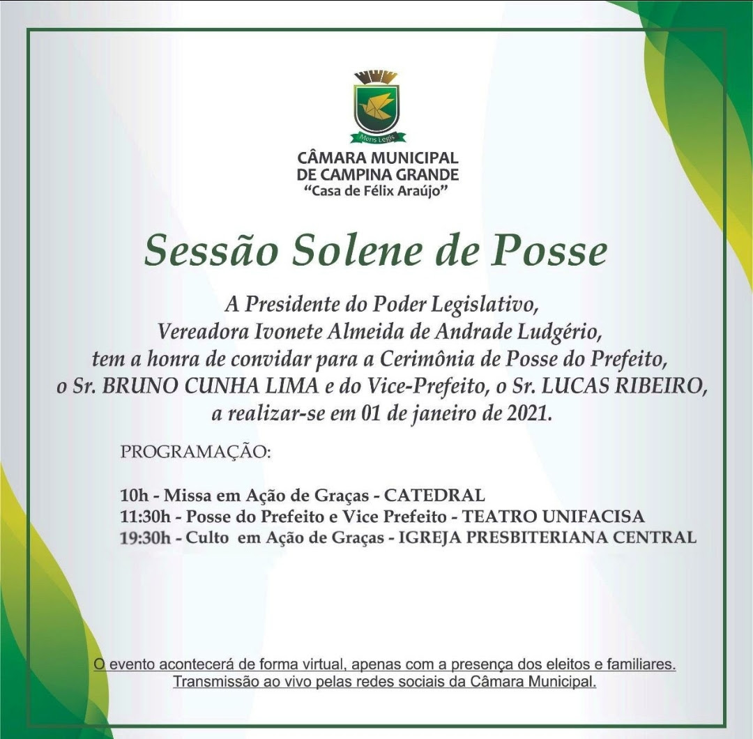 Câmara define ritual da solenidade de posse De Bruno como novo prefeito de Campina