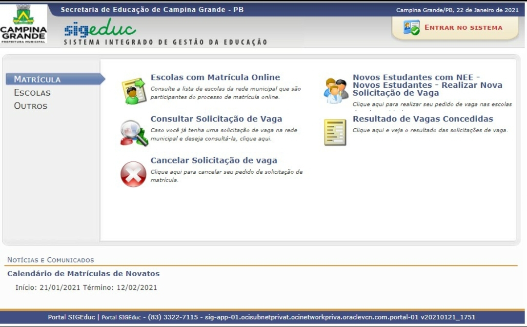 Primeiro dia de matrículas on-line tem mais de 400 vagas preenchidas em Campina Grande