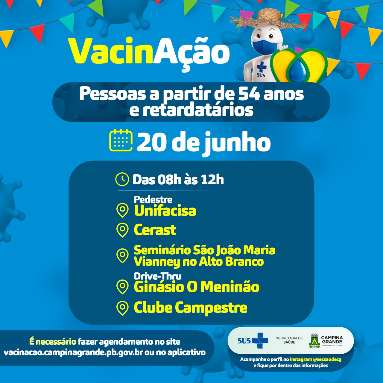 Novo Cronograma: Campina Grande vacina contra covid-19 retardatários e pessoas a partir de 54 anos sem comorbidades, neste domingo