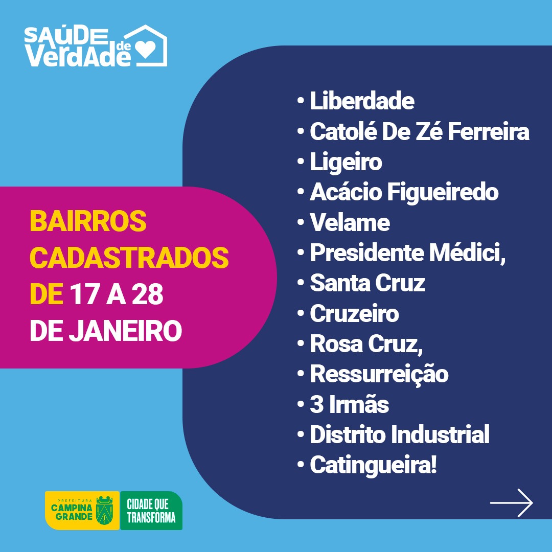SAÚDE DE VERDADE: Prefeitura de Campina Grande inicia cadastramento da população do Distrito V, nesta segunda-feira