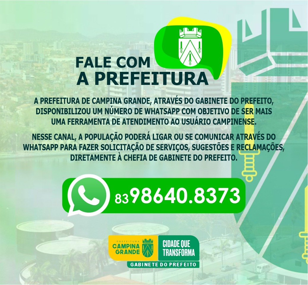 CAMPINA GRANDE: Gabinete do Prefeito disponibiliza número de Whatsapp para encaminhar as demandas da população em todas as áreas administrativas