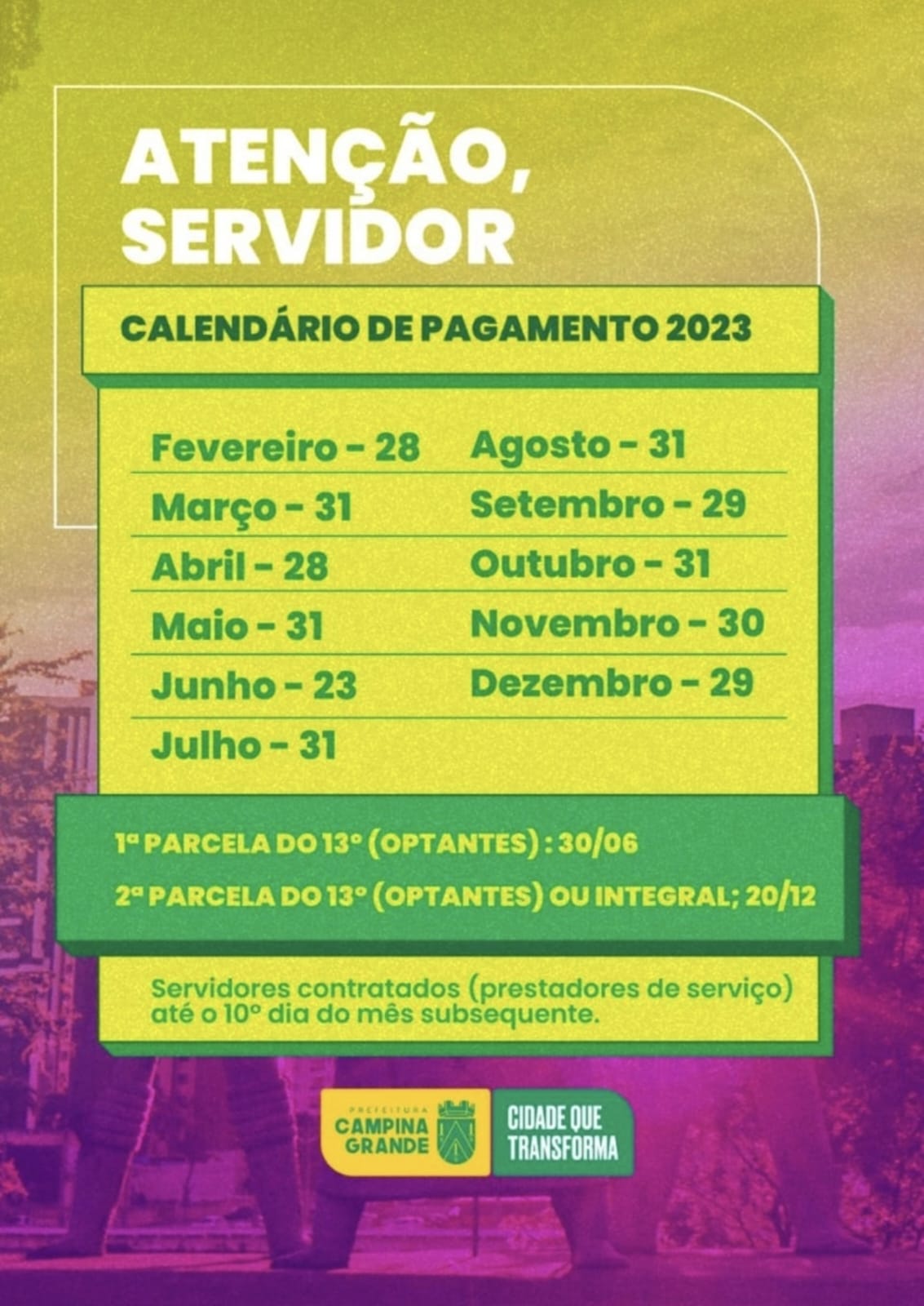 Prefeitura anuncia calendário anual de pagamento dos servidores da Prefeitura de Campina Grande