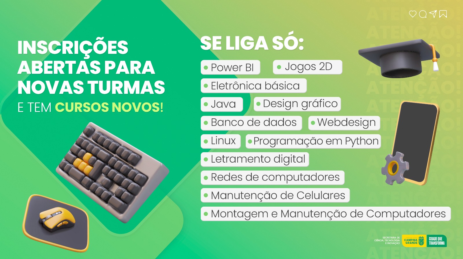 Prefeitura de Campina Grande abre inscrições para novos cursos gratuitos na área da tecnologia