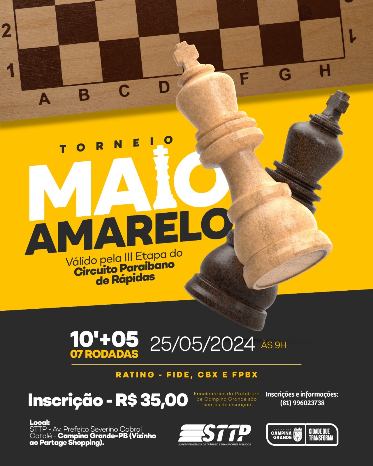 Prefeitura de Campina Grande abre Inscrições para o torneio Maio Amarelo de Xadrez
