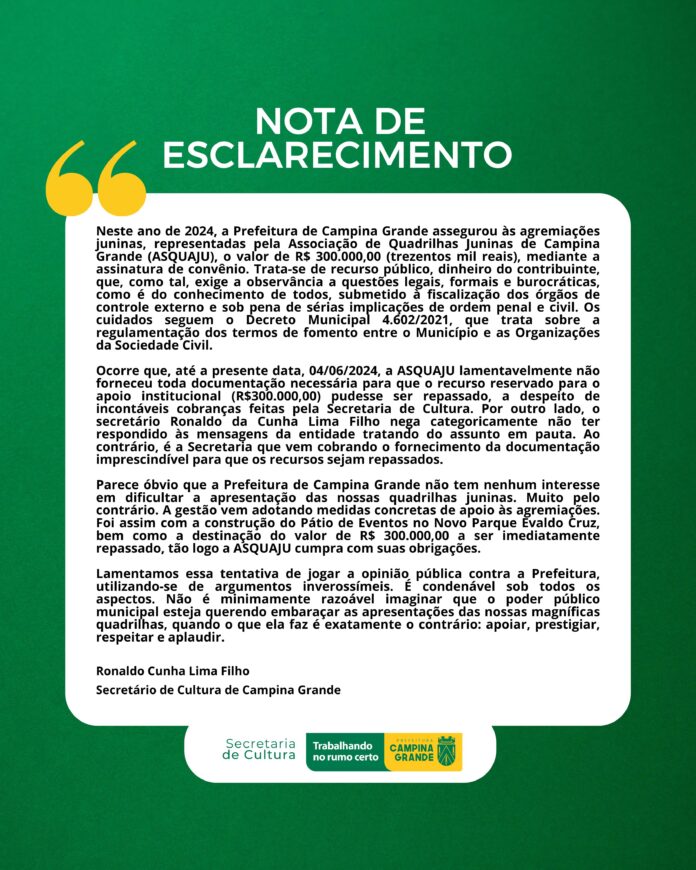 Secretaria de Cultura emite nota de esclarecimento relacionada ao fomento cultural para as quadrilhas juninas de Campina Grande