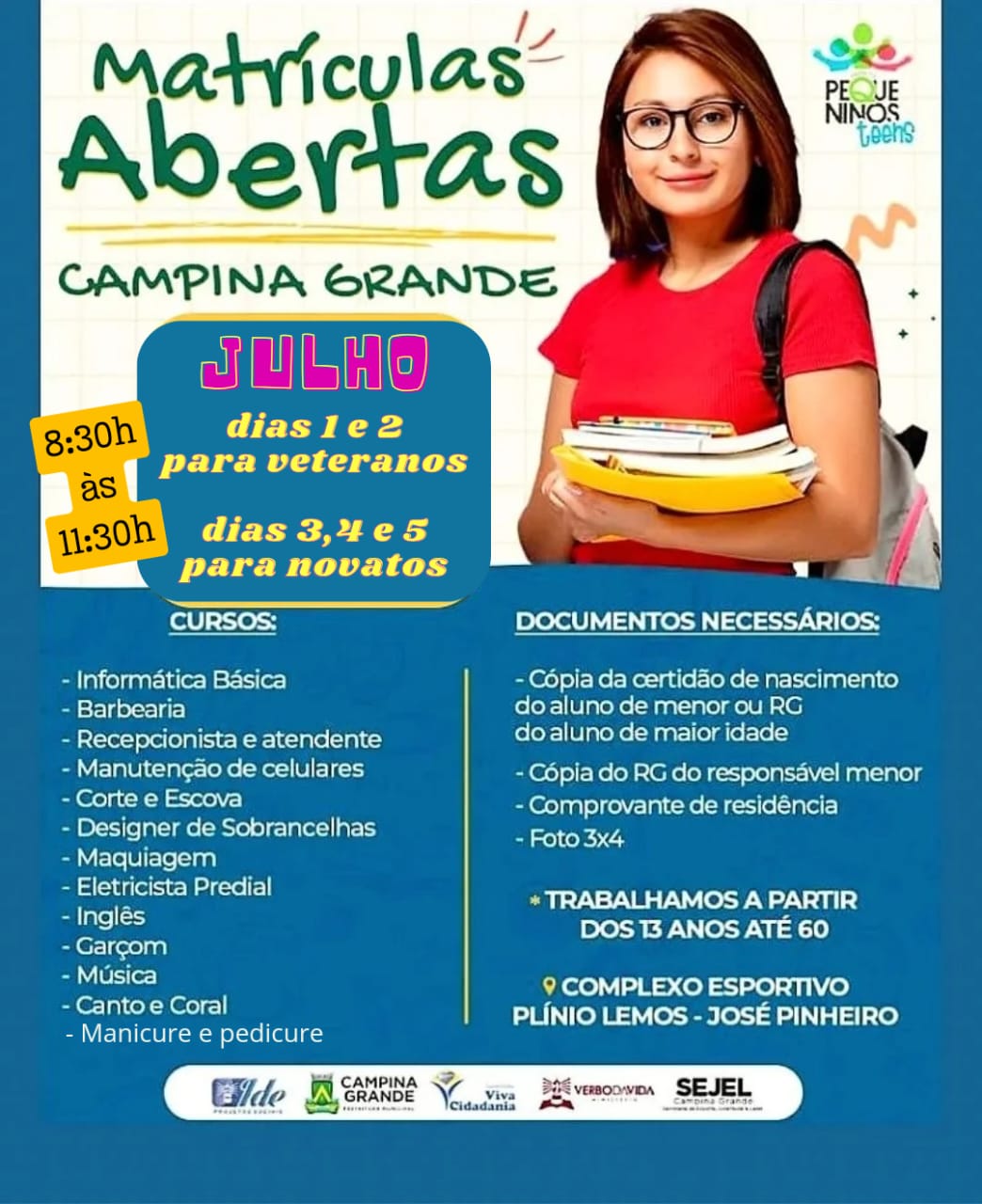 Em parceria com a Prefeitura Municipal de Campina Grande, Projeto Pequeninos Teens está com inscrições abertas para vários cursos profissionalizantes