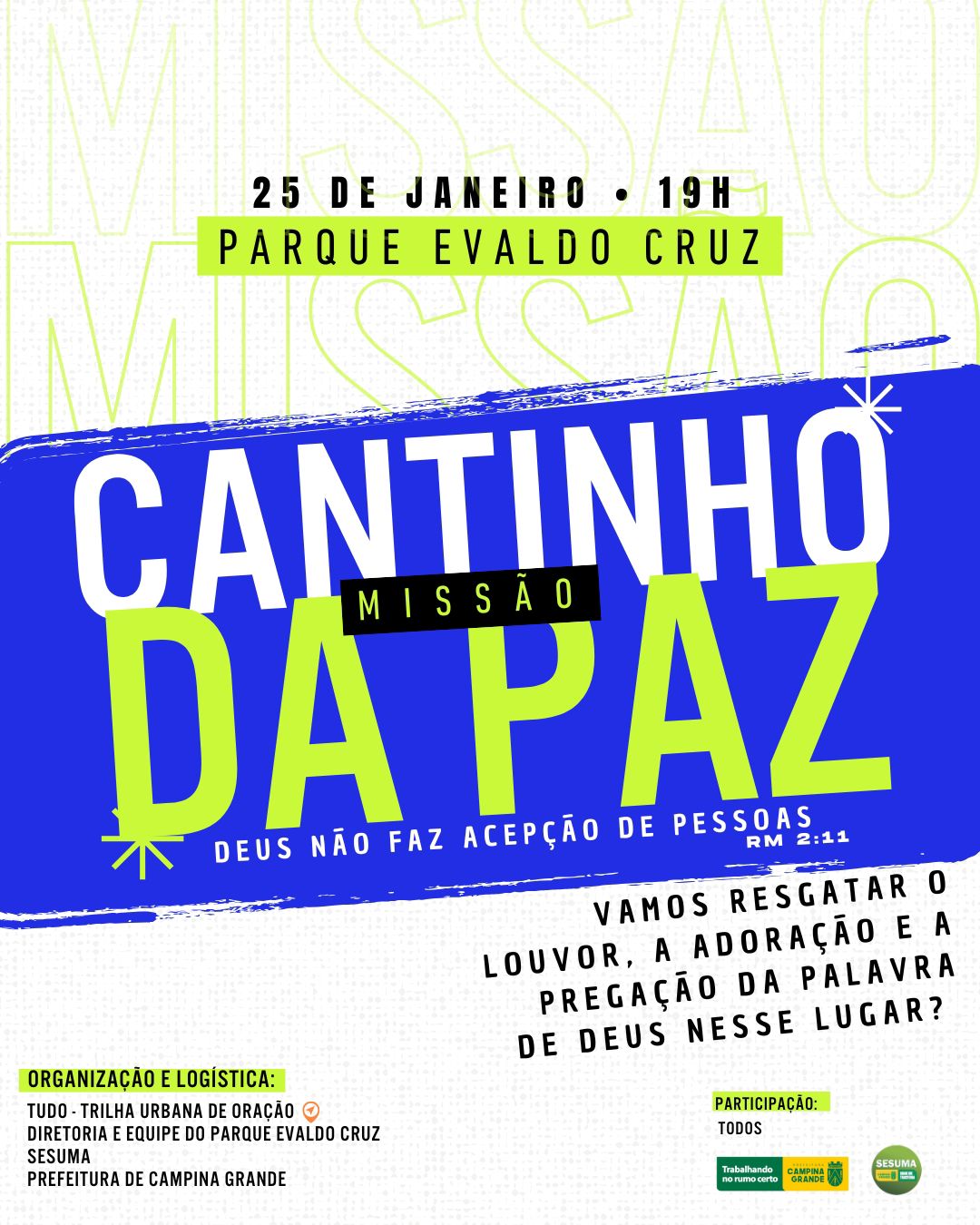 Parque Evaldo Cruz: Prefeitura de Campina Grande promove neste sábado retorno do “Cantinho da Paz” e no domingo evento para crianças