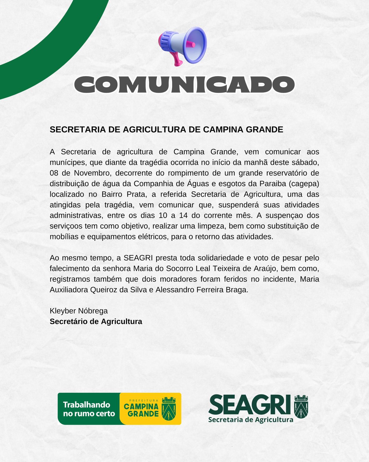 Secretaria de Agricultura de Campina Grande suspende por uma semana atendimento externo ao público