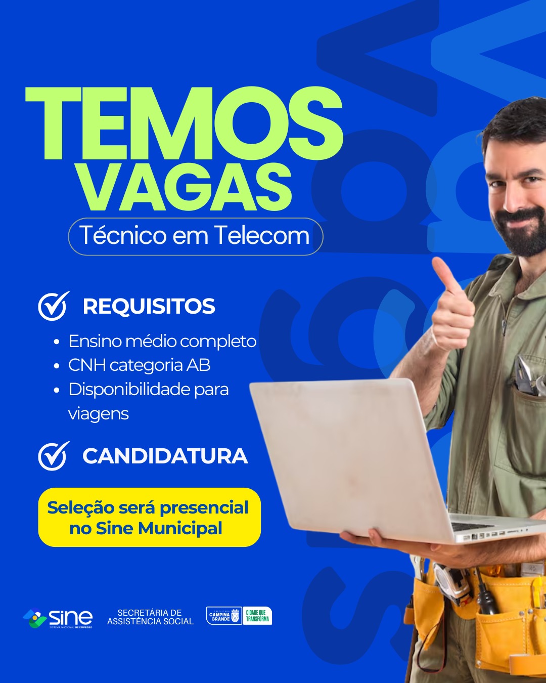 Sine municipal inicia seleção para mais de 300 vagas com benefícios e carteira assinada