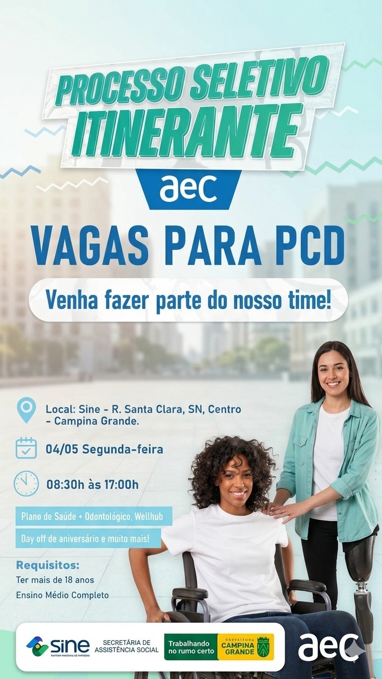 Prefeitura de Campina Grande em parceria com AeC anuncia 130 vagas para Pessoas com Deficiência