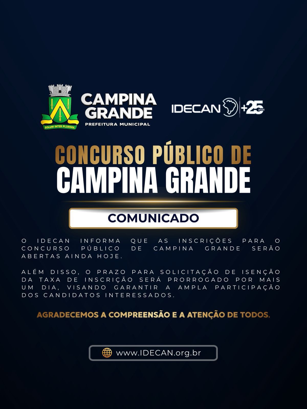 Concurso Público de Campina Grande terá inscrições abertas ainda hoje, informa IDECAN