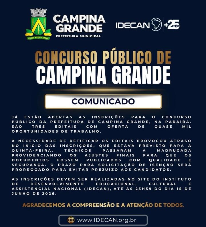 Atendendo pedidos dos candidatos, Idecan flexibiliza prazos de inscrições para concurso da Prefeitura de Campina Grande