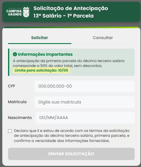 Servidores da Prefeitura de Campina Grande já podem solicitar antecipação da primeira parcela do 13º salário