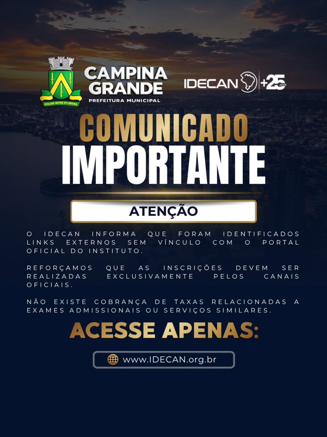Prefeitura de Campina Grande e IDECAN alertam sobre links falsos relacionados às inscrições do Concurso
