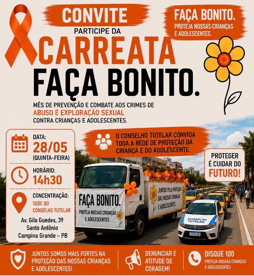 Maio Laranja: Prefeitura de Campina Grande em parceria com Conselho Tutelar realiza carreata em alusão à campanha Maio Laranja