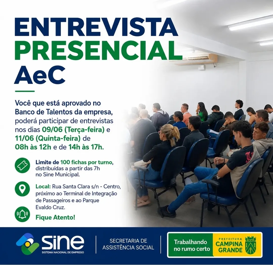 Sine Municipal realiza nova etapa de seleção da AeC com 1.100 oportunidades de trabalho