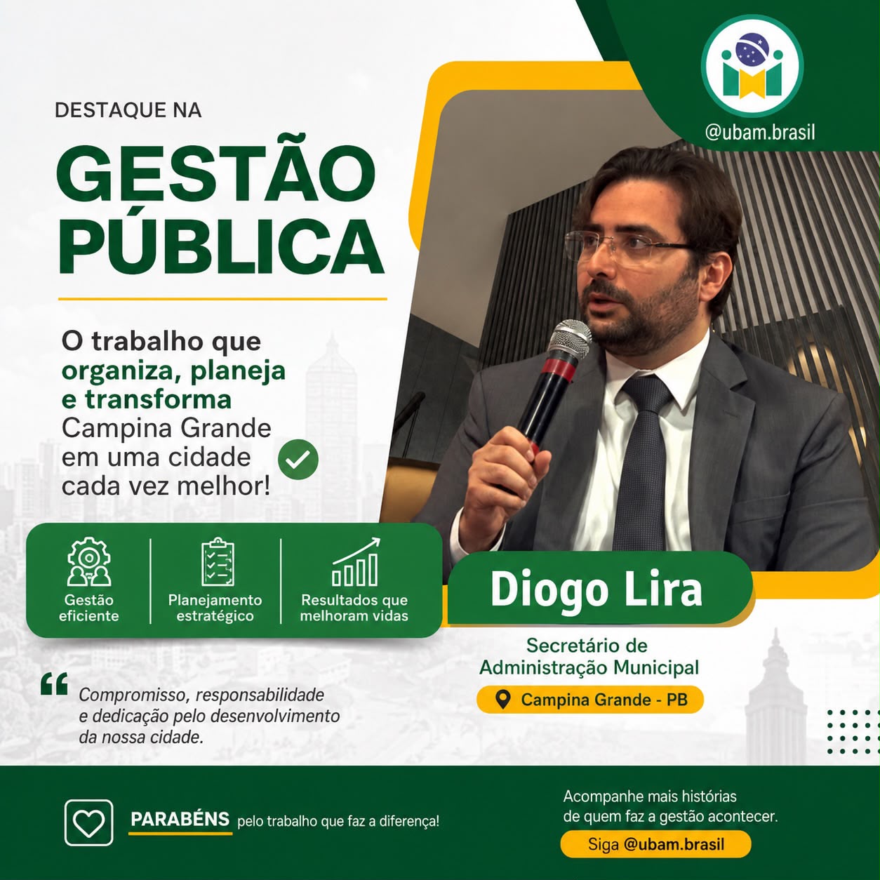 Secretário de Administração da PMCG, Diogo Lyra recebe reconhecimento da UBAM por atuação na gestão pública