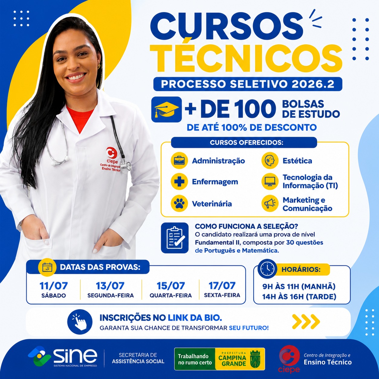 Prefeitura de Campina Grande e Sine Municipal abrem seleção para 150 bolsas em cursos técnicos profissionalizantes