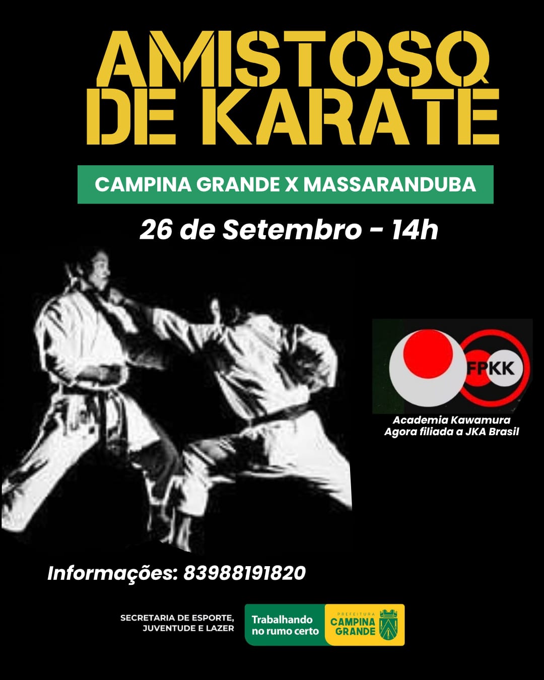 Prefeitura vai apoiar amistoso de karate entre Campina Grande e Massaranduba, evento acontece no sábado